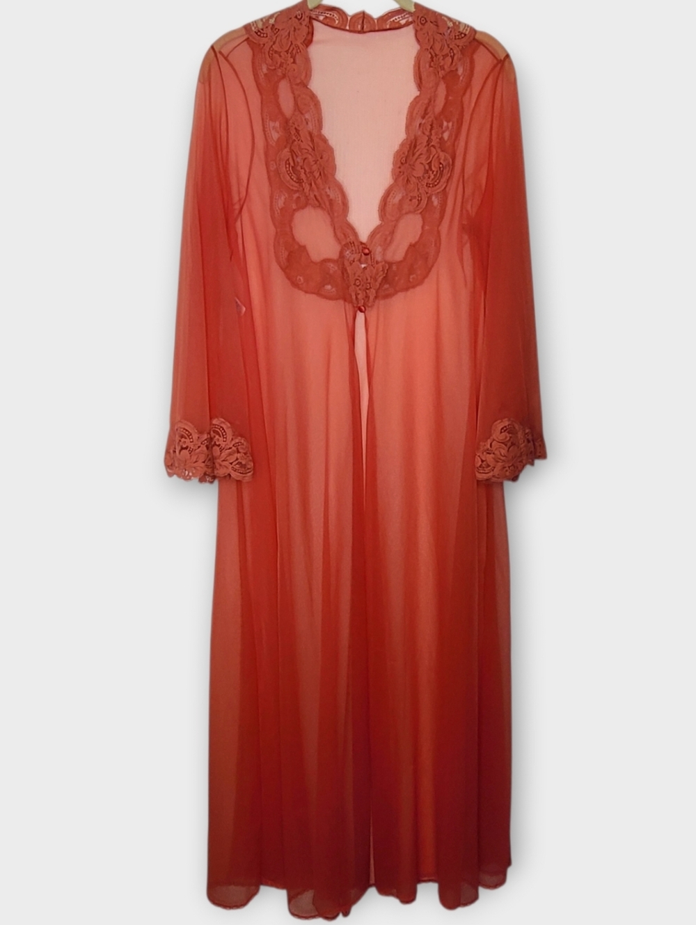 Vtg 60s 70s Glydon Hollywood Lace Sheer Peignor Robe S Red